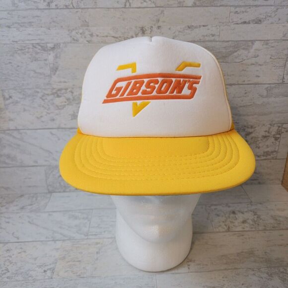 Vintage Gibson's Mesh Trucker Hat Cap Yellow White Snapback - Picture 1 of 9